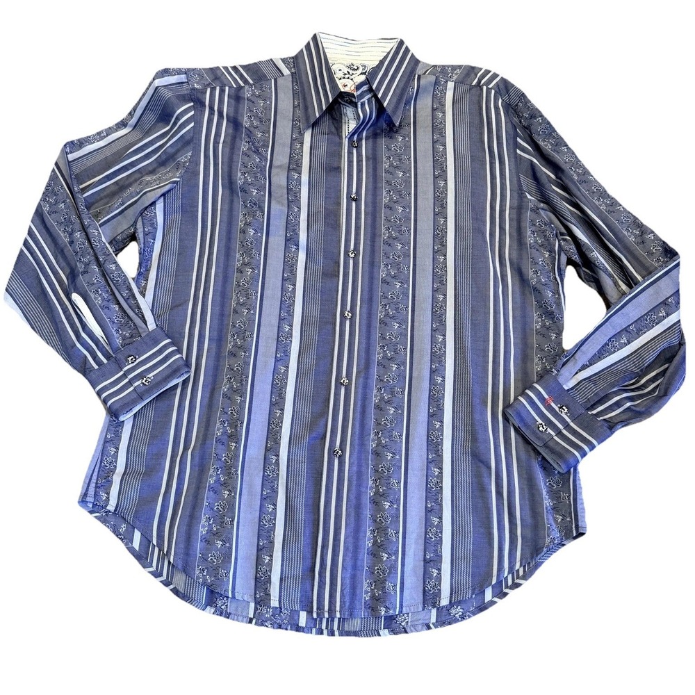 Robert Graham Shirt Mens XL Blue Stripe Jacquard chambray Button Up hipster